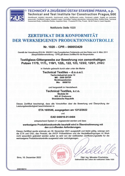 Technical Textiles - Certifikáty