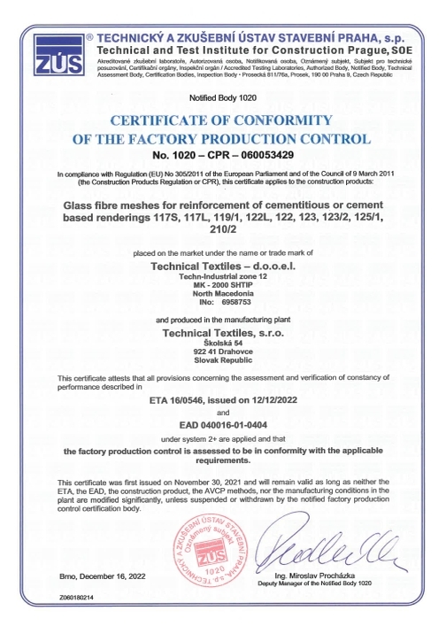 Technical Textiles - Certifikáty